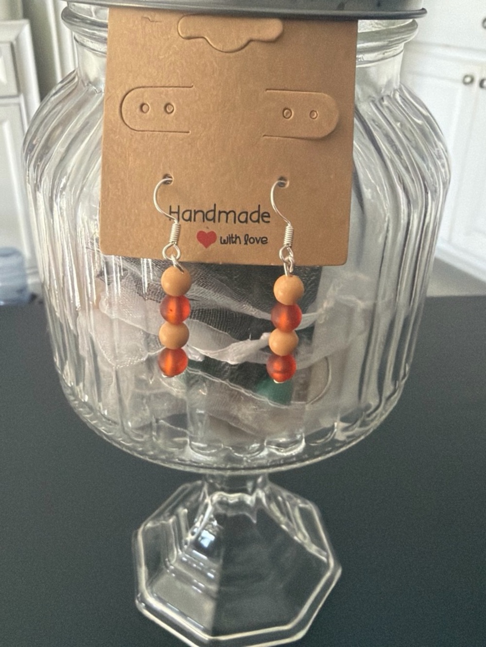Handmade Orange and Tan Beaded Dangle Earrings